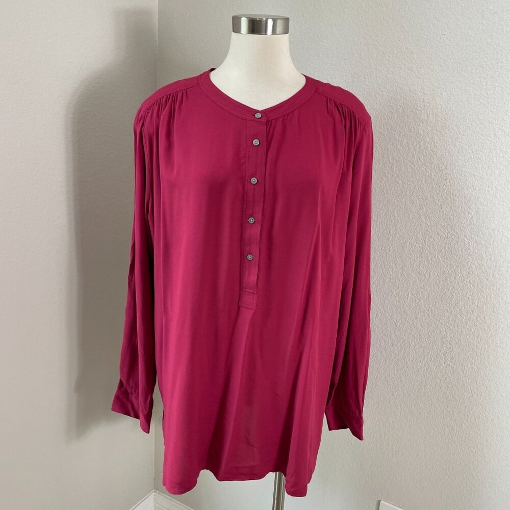 LOFT Womens XL Button Front Blouse Roll Tab‎ Sleeve Shirt Top Burgundy
